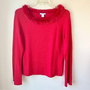 White + Warren Red Holiday Silk and Cashmere Fur Trim Sweater